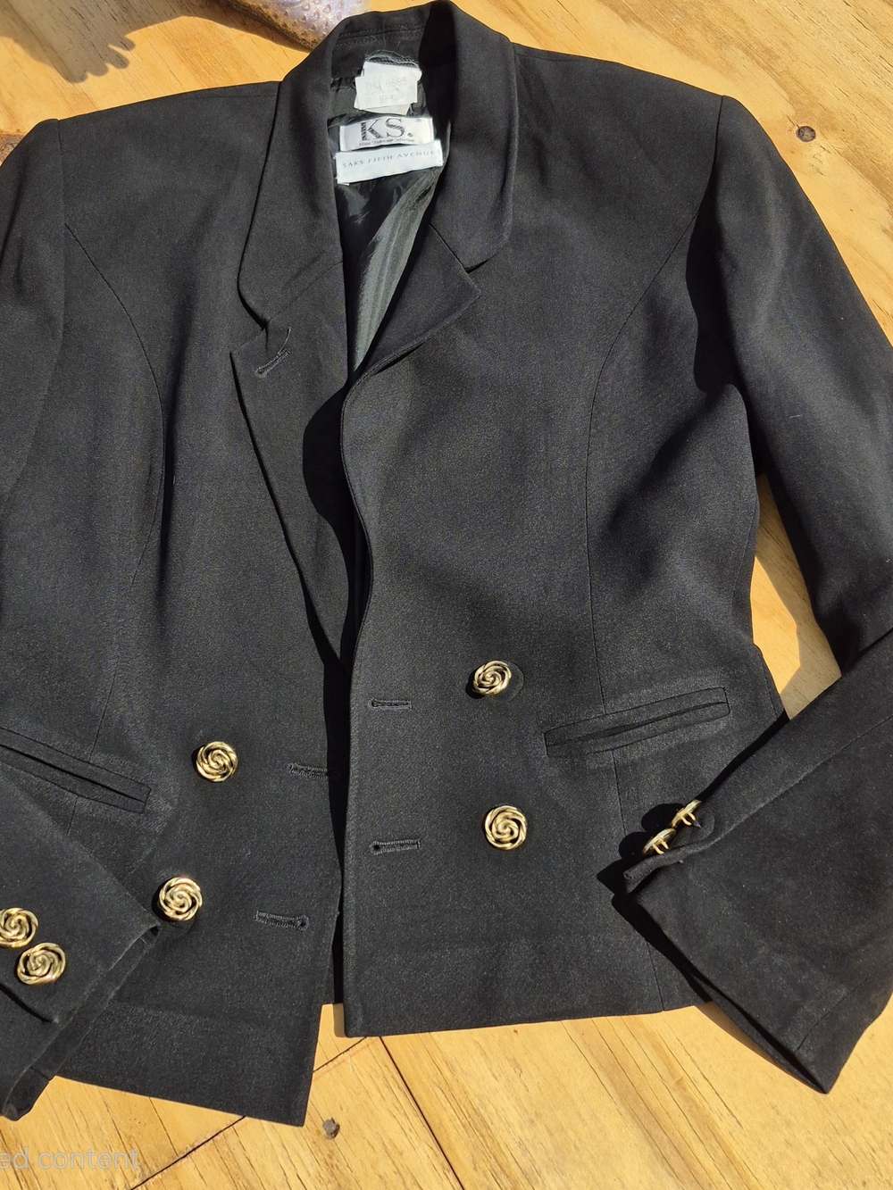 Saks Fifth Avenue Black Double-Breasted Blazer with Gold Rose Buttons